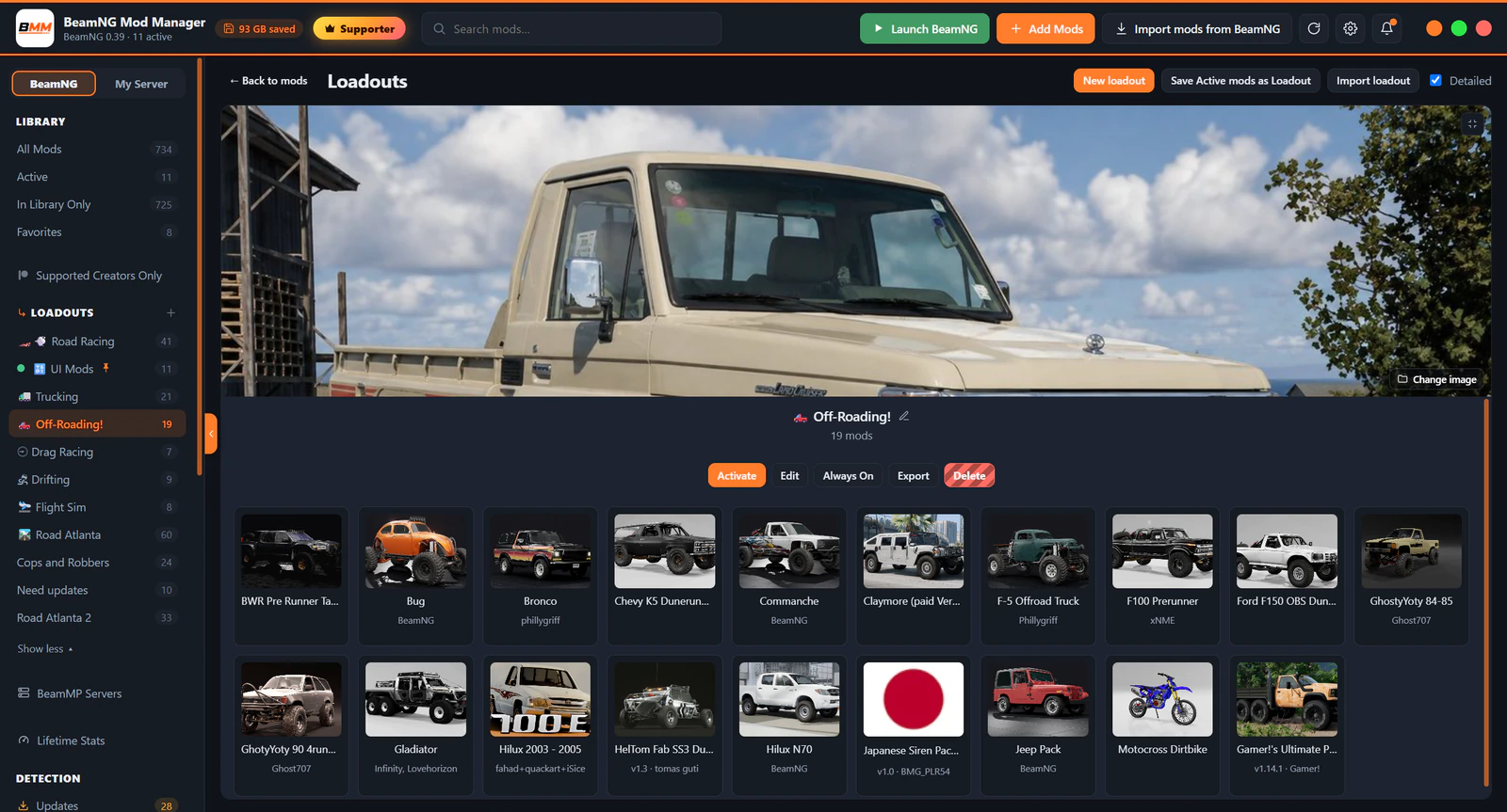 BeamNG Mod Manager showing an Off-Roading loadout, vehicle thumbnails, and an Activate button.